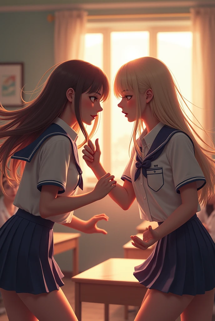 (photorealism:1.2), 2 girls clashing in a class wearing school uniform , one is front bangs cut long hair & the other is no bangs & attitude, , soft lighting, students in background, window with sunlight, cozy classroom, clashing pose, realistic, intricate details, warm colors, by Greg Rutkowski, by Alphonse Mucha chinese student age 19