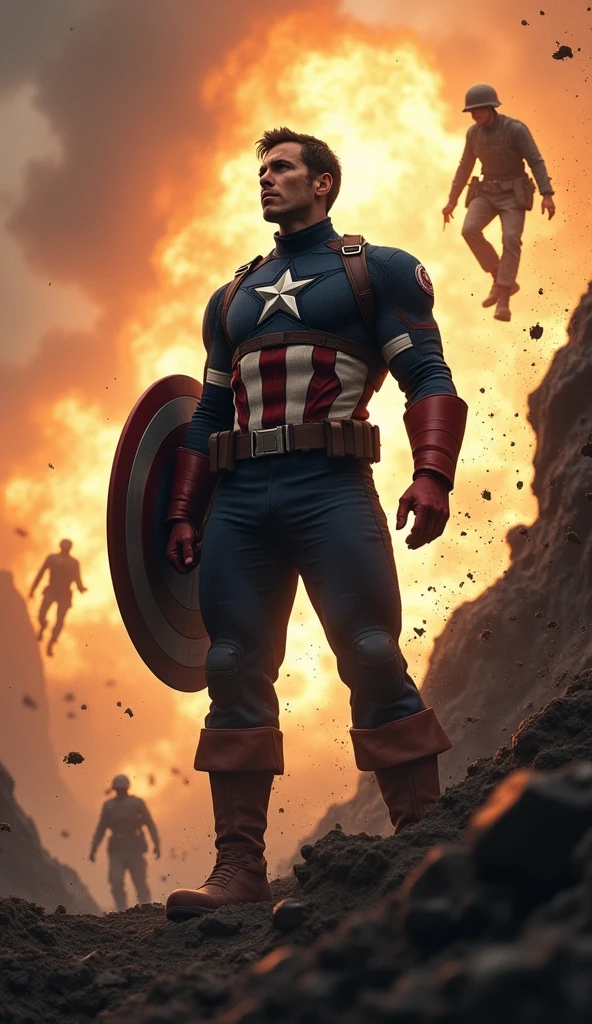 Illustrate a powerful and emotional scene where Captain America faces the heart-wrenching dilemma of changing the past. In the foreground, Captain America stands on a battlefield from World War II, reaching out toward a moment frozen in time—Bucky Barnes in mortal danger. His hand is outstretched, fingers trembling with hesitation, as he battles with the decision of whether or not to intervene. Bucky is depicted in a life-or-death situation, perhaps hanging from a cliff edge or caught in the blast of an explosion, his face showing a mixture of fear and determination. The scene around them is charged with tension: debris and dirt suspended in mid-air, flames from an explosion halted in their tracks, and soldiers frozen in the midst of combat. Captain America's face is a study in inner conflict, his brows furrowed, and his eyes filled with anguish as he weighs the consequences of altering the timeline. His iconic shield is slung across his back, slightly obscured, as if forgotten in this moment of deep contemplation. His stance is tense, with one foot planted forward, ready to move, but his body pulled back by the weight of the decision. The background is blurred, focusing all attention on the intense emotional struggle between Captain America and the image of Bucky. Subtle distortions in the air around Captain America suggest the pressure of time being held at bay, with faint echoes of past memories swirling faintly around him, hinting at the possible outcomes of his choice. The lighting is dramatic, with a harsh, golden glow highlighting the figures of Captain America and Bucky, while the surrounding environment remains in shadow, adding to the gravity of the moment. The overall atmosphere should convey a sense of urgency, sorrow, and the profound weight of the decision Captain America faces, as he stands on the precipice of altering history.