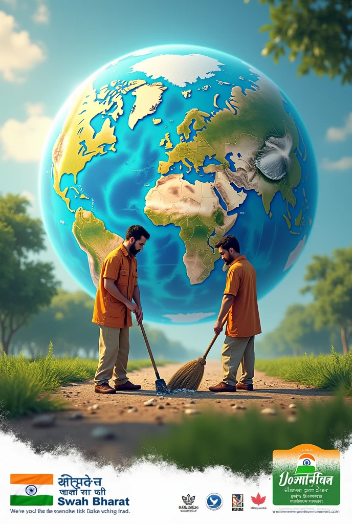 swach bharat poster behind with photo of world and two workers cleaning the park