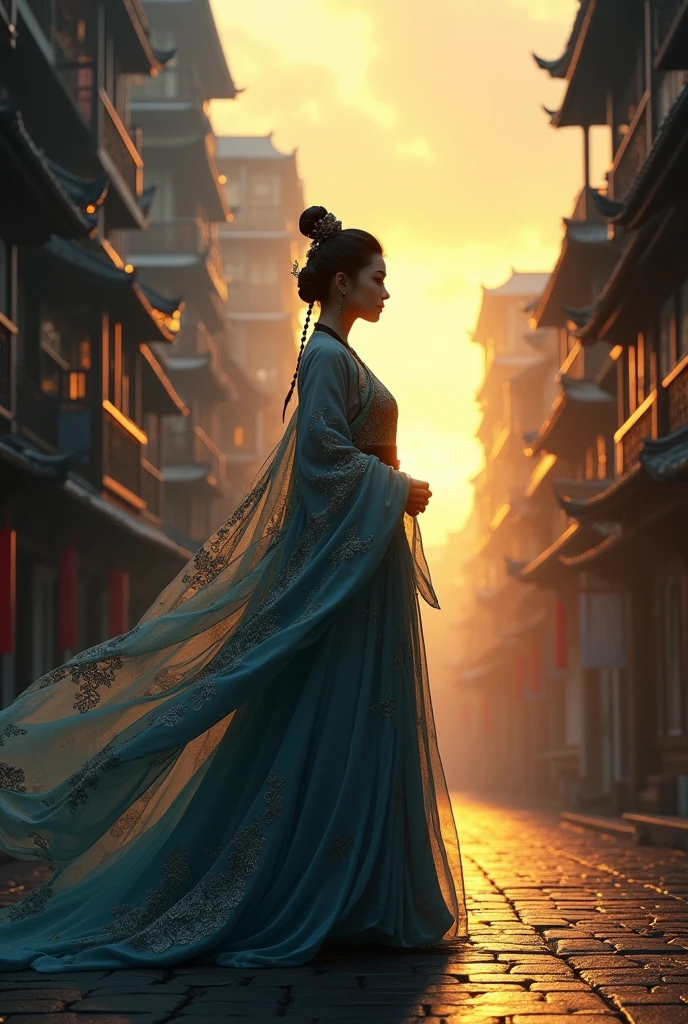 The silhouette of gorgeous Chinese princess on the street, stands under huge morden buildings, Embroidered Hanfu, different epic pose, in the style of mind-bending patterns, terraced cityscapes, the mysterious power of the East, piles stacks, Background of light pollution, Chinese fairytale, the color tone is Chelsea Yellow and klein blue, cinematic stunning realistic lighting and shading, Kowloon Walled City, realistic, octane render, unreal engine, concept art, realistic, Cry engine, high resolution, depth of field --ar 16:9 --s 750 --v 6.0