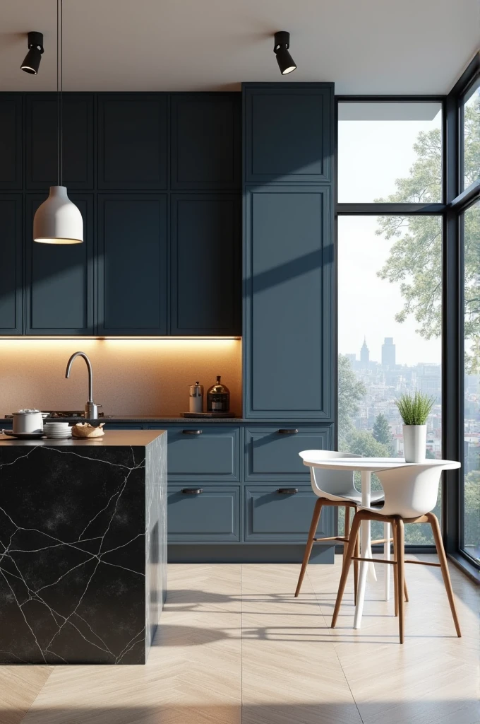 Professional 3d architecture rendering design of modern and minimal kitchen with dark vintage blue cabinets and modern windows and black marble slab stone island and white modern chairs