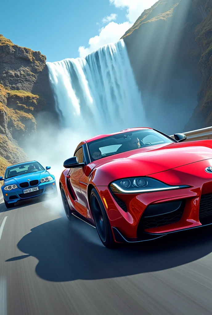 A man driving in a red supra car raceing with a woman blue bmw car a blue waterfall rad supra car crossing wining red line