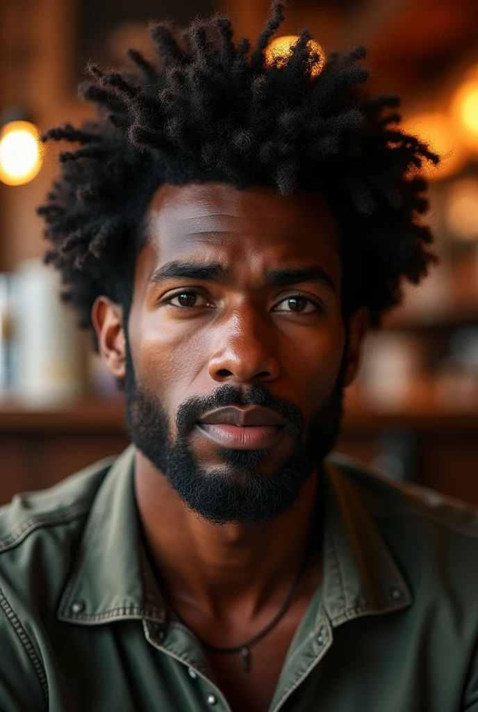 masterpiece photo, man mexican singer, detailed face, model shot, afro hair, black skin, realistic, surprise, background cafe