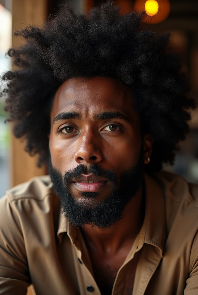 masterpiece photo, man mexican singer, detailed face, model shot, afro hair, black skin, realistic, surprise, background cafe