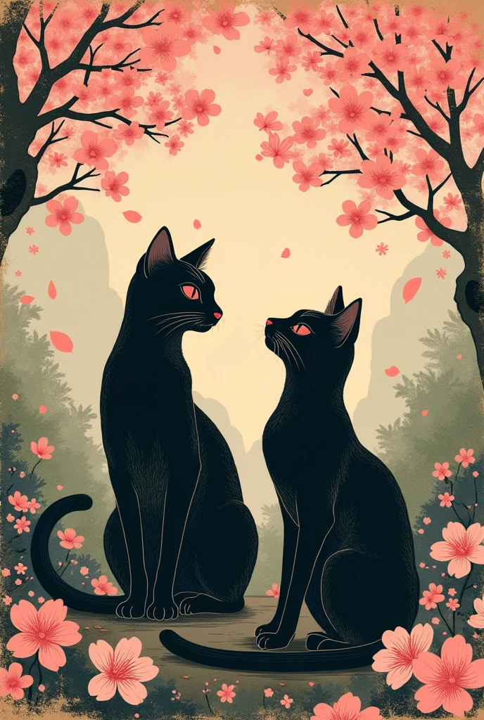 Retro Japanese black cats sakuras poster