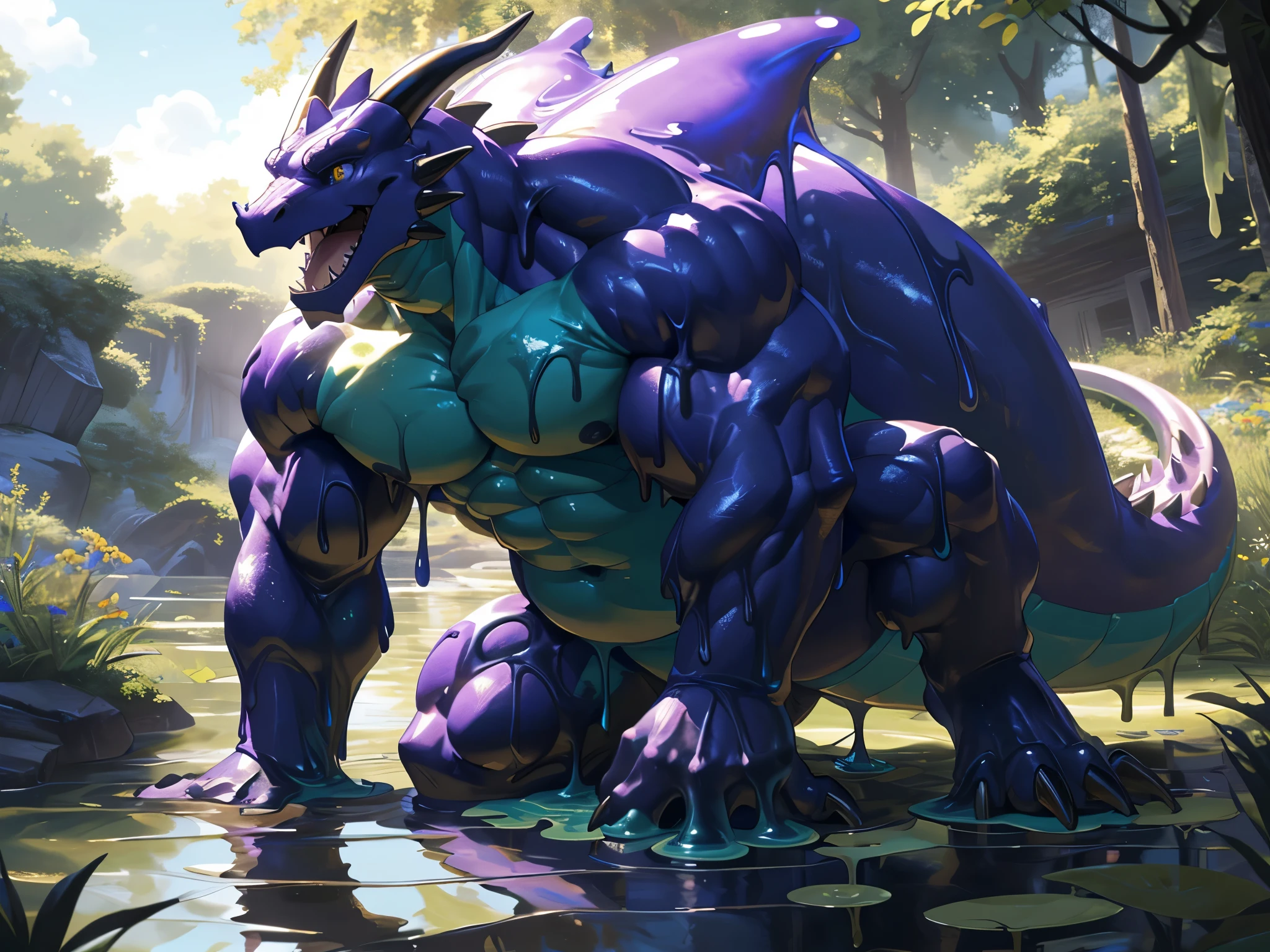 solo, anrhro, naked,((goo)),goo creature, slime, male,lizardman,((reptile)), (dragon), ((abdomen)),((abdomen muscle)), dark-black body, purple goo body, ((slime body)), ((beautiful eyes)) , golden eyes, perfect eyes, ((big eyes)), (best quality),(4k),(ultra-detailed), staying, fat abs, (huge tail),(masterpiece), teeth, (huge feet),(fat feet), huge legs, (tail), (big muscles), (muscular:1.8), handsome, (toe claws), (big claws), Game cg, (8k), realistic, (fat:0.5), strong, (huge head:1.5), bright scene, outdoor,goo swamp,((rasing head)), (claw hands), (big mouth), white claws, drinking goo, slime muscle, (((absorption))),