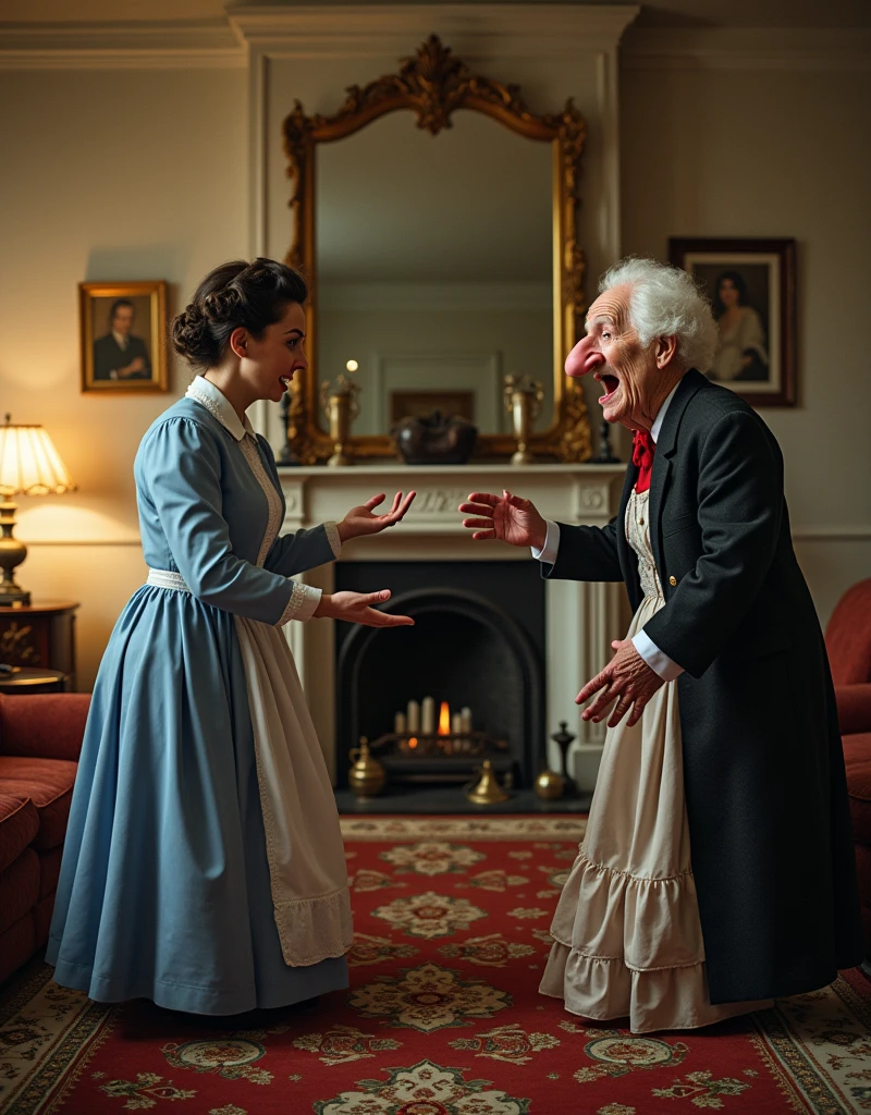 Satire and Surreal Picture of Mary Poppins nad Mrs. Doubtfire debate at the client Living room about Day Care, professional cinematic photography by Annie Leibovitz and Tim Burton aesthetic