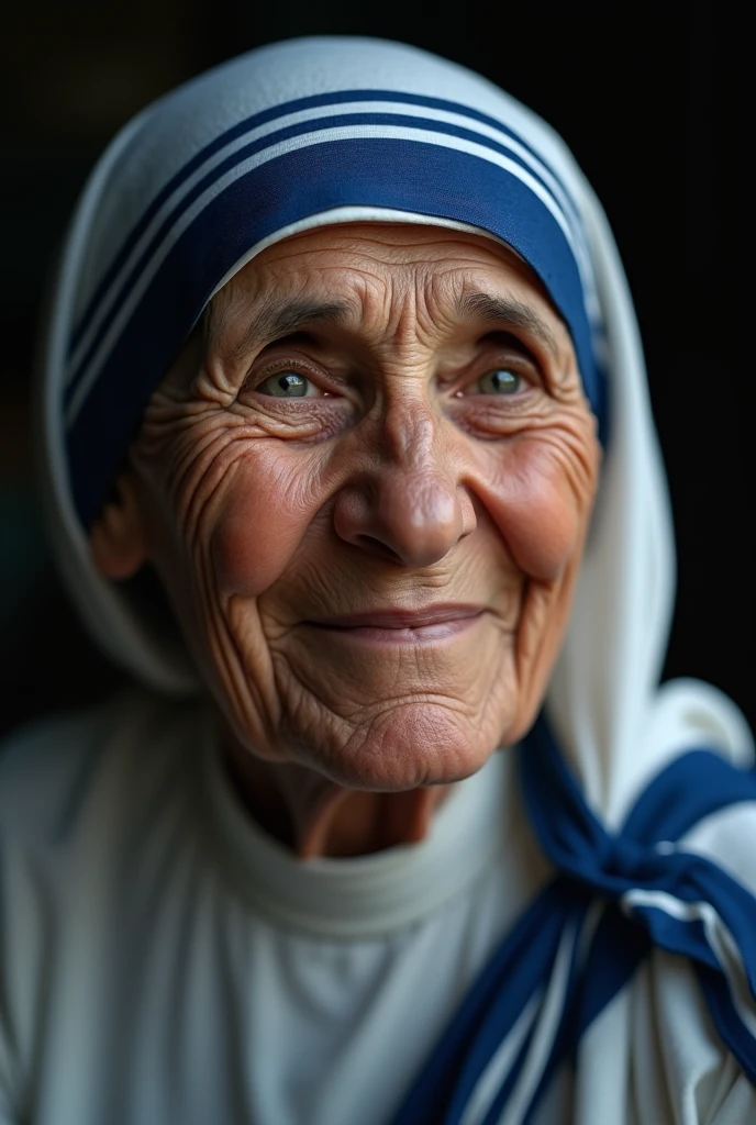 "A close-up portrait of Mother Teresa smiling gently, with a dark, moody filter. The background should be slightly blurred to focus on her face, evoking a sense of deep thought or contemplation."