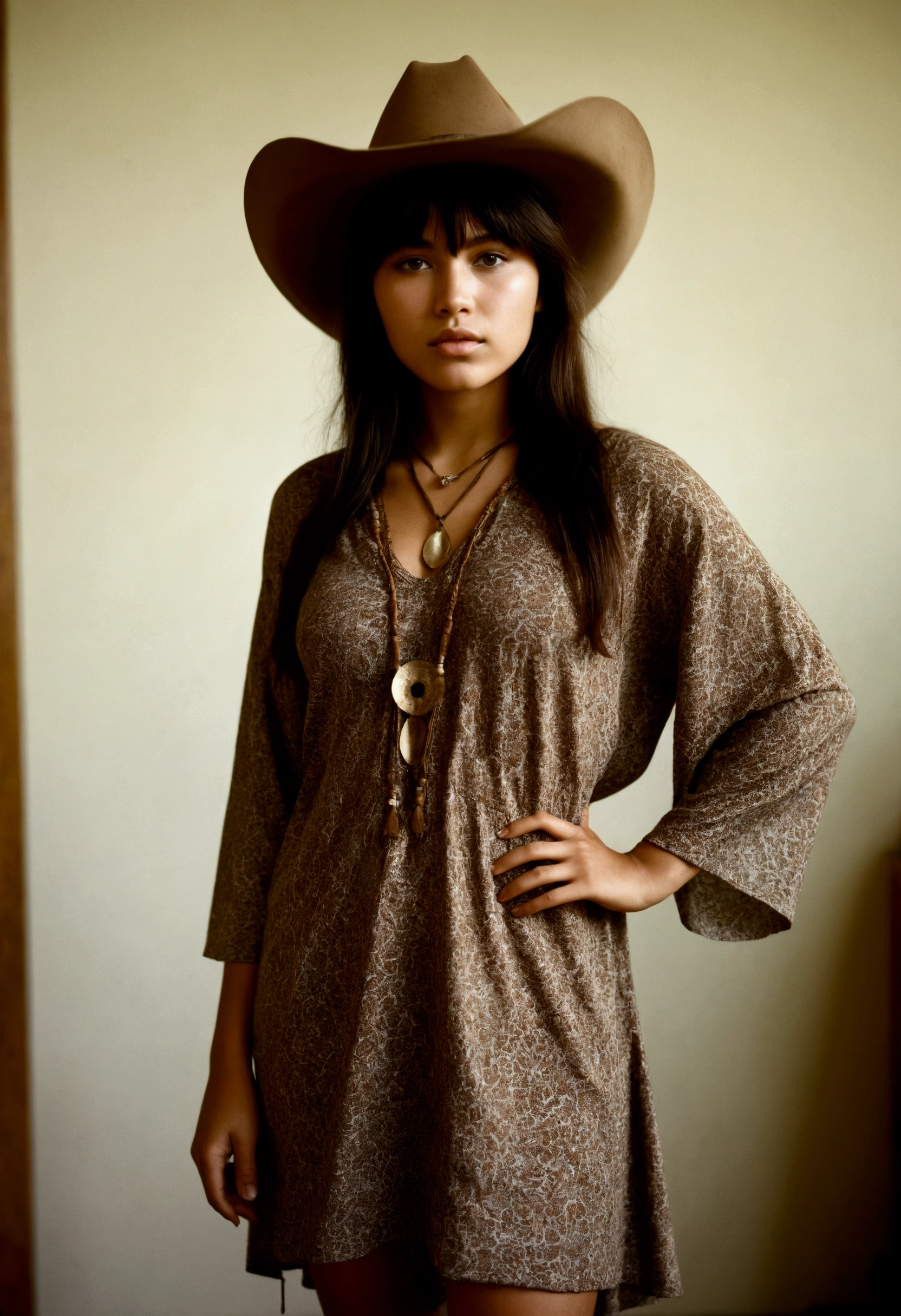 analog film photograph, Photo of a modern Sioux woman, 18-years-old, long, amazonian stature, athletic hourglass figure, busty breasts, narrow waist, full wide hips, big round buttocks, wearing a loose tunic dress and a cowboy hat, tan complexion, amber eyes, dark hair, thick shaggy bangs, posing on a pedestal, RAW Photograph, dslr, soft lighting, high quality, film grain, Fujifilm XT3, detailed skin with visible pores, insane details, masterpiece, 8k, 35mm photograph, dslr, kodachrome, faded film, desaturated, grainy, vintage, Lomography, stained, highly detailed, found footage