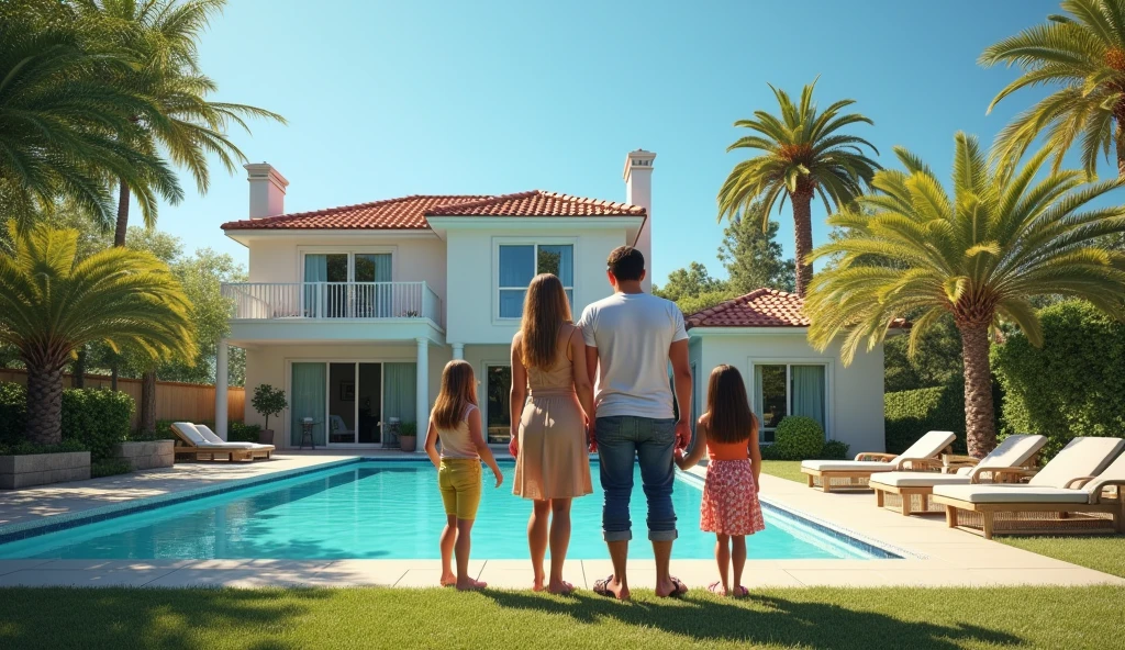 A married couple with two girls aged 11 and look at a house next to a luxurious two-story house with a swimming pool in sunny weather, full body