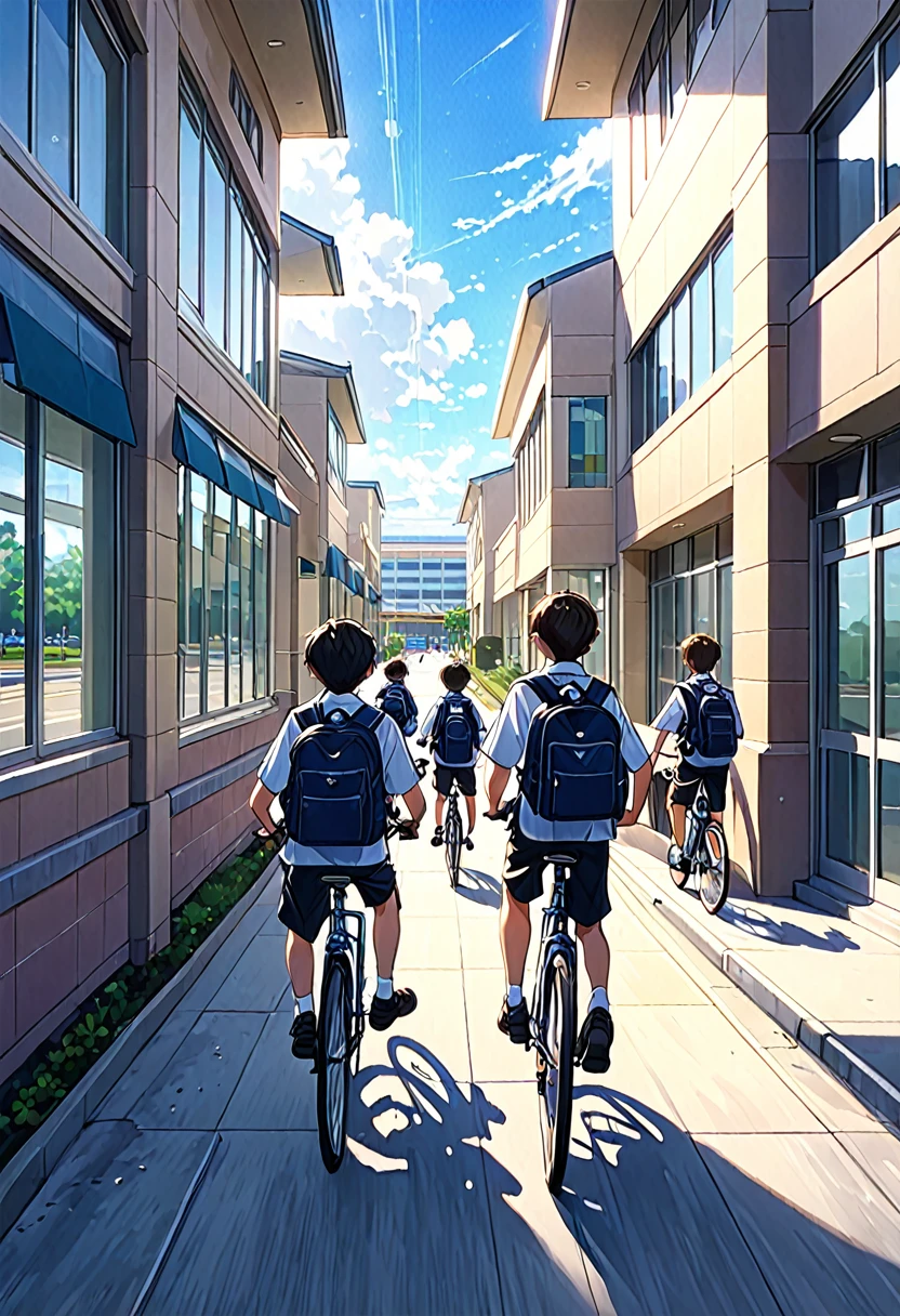 "Create a 4K anime-style scene depicting a group of boys heading to school. The boys are outside the school building, riding their bicycles on a wide, clean sidewalk. The school is modern, with large windows and a sleek design, located near a bustling shopping mall. In the background, a busy highway runs parallel to the school, with cars and trucks moving in both directions. The sky is bright and clear, adding a vibrant atmosphere to the scene. The boys are smiling, wearing their school uniforms, with backpacks slung over their shoulders, ready for a day of learning and adventure."