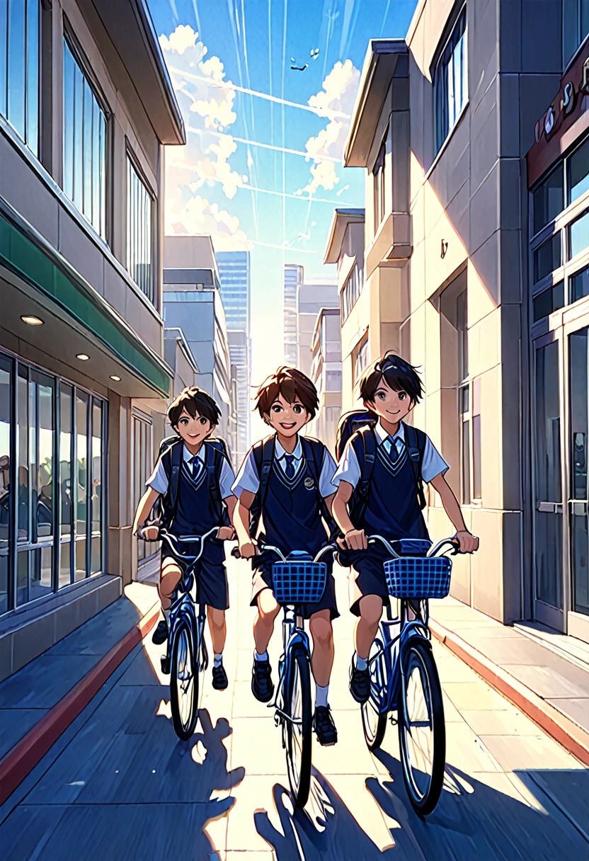 "Create a 4K anime-style scene depicting a group of boys heading to school. The boys are outside the school building, riding their bicycles on a wide, clean sidewalk. The school is modern, with large windows and a sleek design, located near a bustling shopping mall. In the background, a busy highway runs parallel to the school, with cars and trucks moving in both directions. The sky is bright and clear, adding a vibrant atmosphere to the scene. The boys are smiling, wearing their school uniforms, with backpacks slung over their shoulders, ready for a day of learning and adventure."