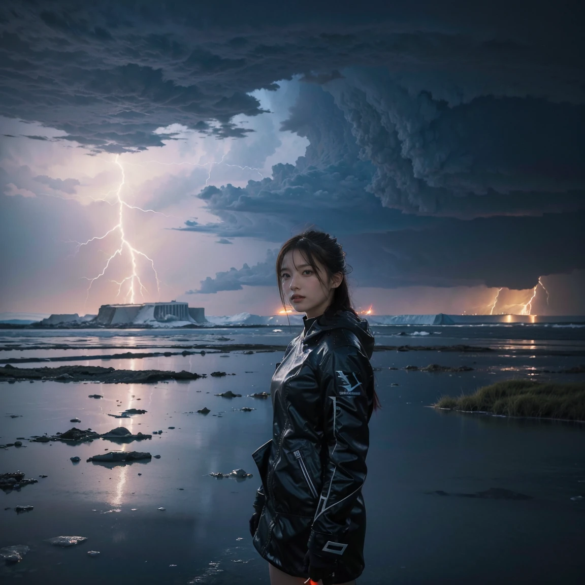 ((Top Quality)), ((Masterpiece)), ((Details)), upper body, ((close-up: 1.2)), More Saturation, strong reflections, bright shade, Place the girl in the foreground at large, Ice - ((Ruins)) - ((Lightning)) - Girl, A desolate, icy landscape with ruins scattered across the terrain. A young girl stands alone, her figure small against the vast backdrop, as a powerful lightning bolt strikes the ground, illuminating the scene with a cold, electric light.