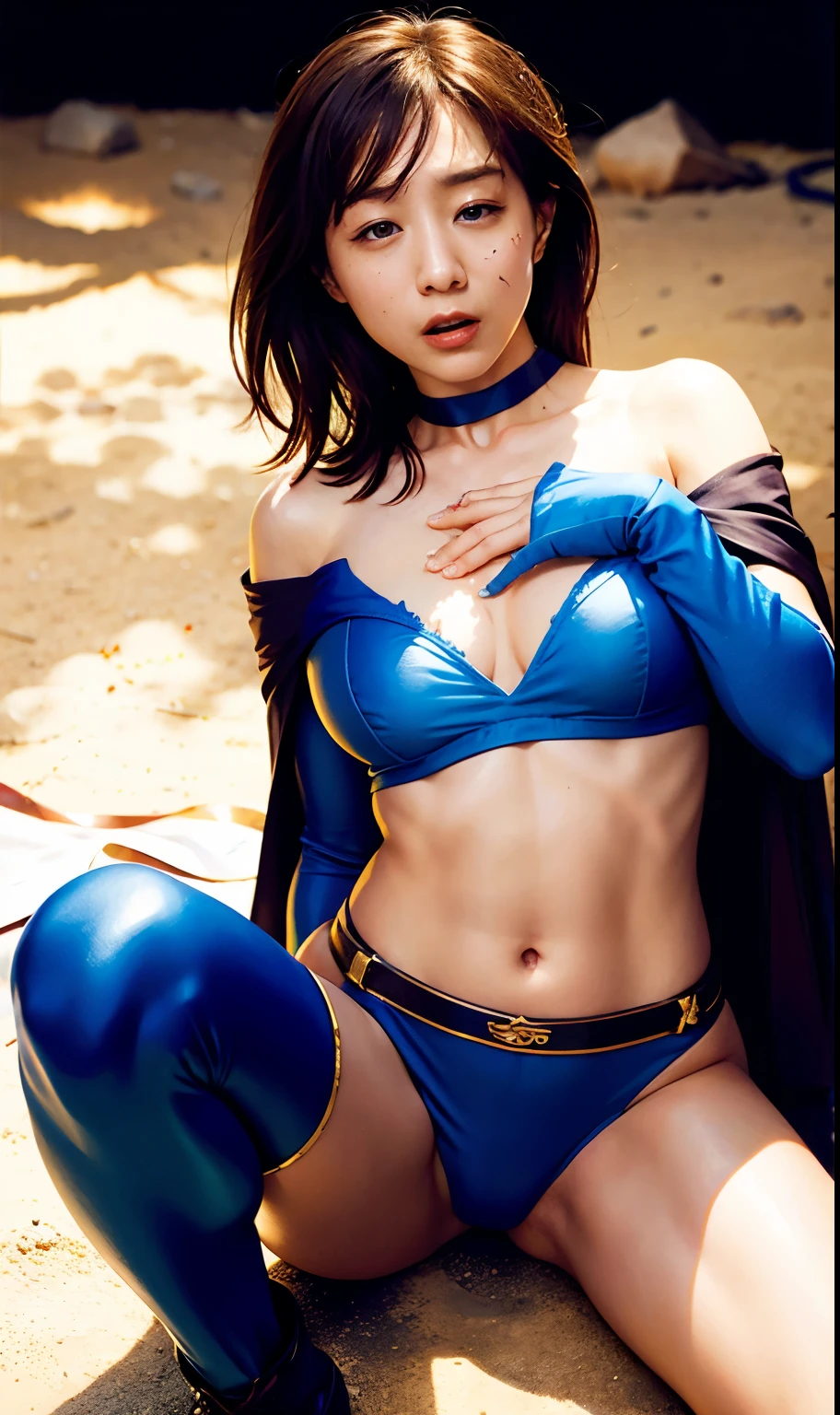 Superhero, Anguished expression, Panting, Lost in battle against a formidable enemy, Lying face up, Spread your legs wide, Eyes closed, A painful expression, Tattered clothes, Injured, Fainted, Cool blue leotard suit, cloak, choker, Cool combat boots, Cool combat gloves, A cool star symbol on the chest, A cool, tight gold belt