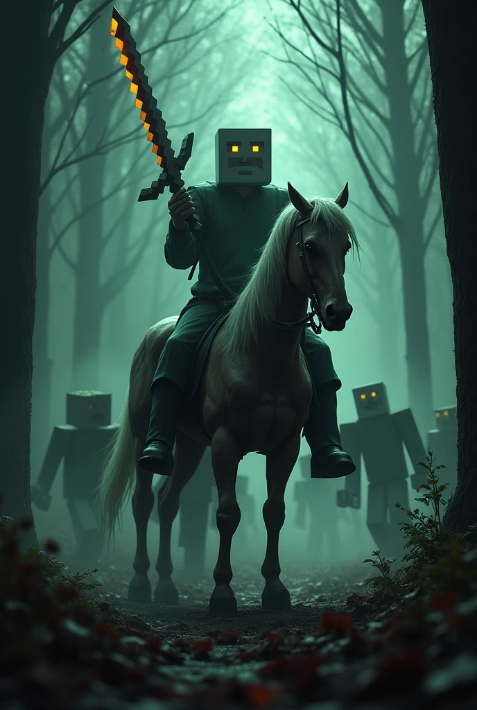 Create an image of character of Minecraft herobrine sitting on horse in an Minecraft forest background having a dangerous sword in his left hand realistic and some zombies in background in attacking positions