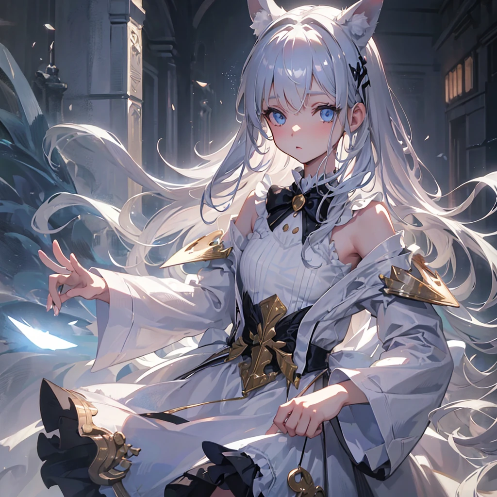 silver hair, dog ears, white dress,wavy hair,delicate features quiet gaze,beautiful half body illustration,beautiful backgraund,atmospheric lighting,sharp focus,vlumetric lighting,cute face,reduce saturation,fine detailed face,small nose and mouth,volumetric top lighting,bold line painting, soft shadow,((masterpiece, best quality)), (1girl), (solo), (female focus),small breasts,flat tits,ta,short height,skinny girl,blue eyes,open legs,animal ears,