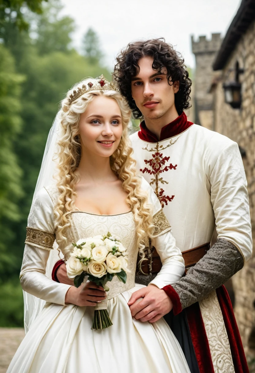 Have a medieval wedding of a couple, a curly blonde princess with a straight dark-haired prince 