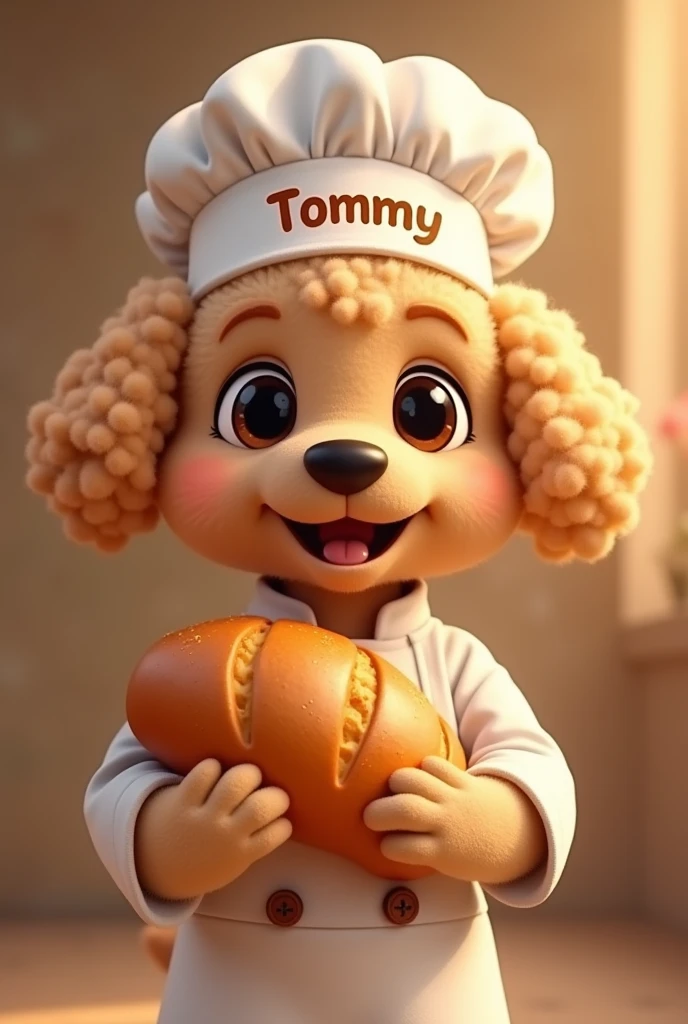 Beige and brown poodle breed puppy, with lock,black eyes,with chef uniform,with name Tommy on the cap,offering a large loaf of bread, looking straight ahead all in cartoon style with a blurred bright brown background 