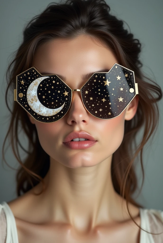The model is wearing glass sunglasses with stars and the moon on the glass