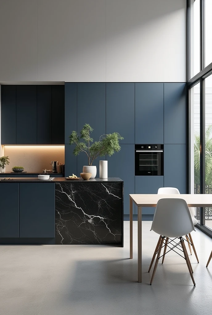 Professional 3d architecture rendering design of modern and minimal kitchen with dark vintage blue cabinets and modern windows and black marble slab stone island and white modern chairs
