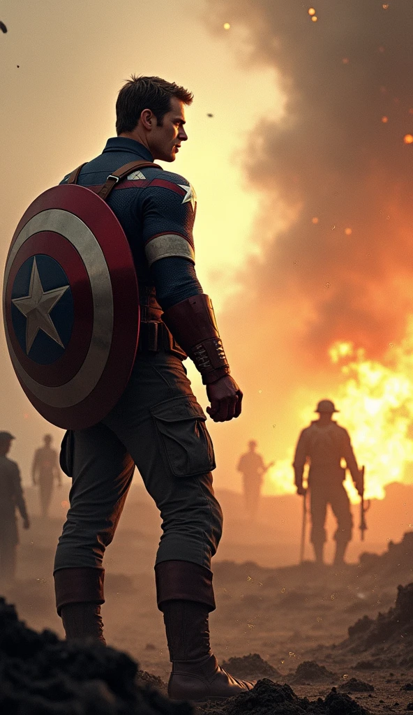 Illustrate a powerful and emotional scene where Captain America faces the heart-wrenching dilemma of changing the past. In the foreground, Captain America stands on a battlefield from World War II, reaching out toward a moment frozen in time—Bucky Barnes in mortal danger. His hand is outstretched, fingers trembling with hesitation, as he battles with the decision of whether or not to intervene. Bucky is depicted in a life-or-death situation, perhaps hanging from a cliff edge or caught in the blast of an explosion, his face showing a mixture of fear and determination. The scene around them is charged with tension: debris and dirt suspended in mid-air, flames from an explosion halted in their tracks, and soldiers frozen in the midst of combat. Captain America's face is a study in inner conflict, his brows furrowed, and his eyes filled with anguish as he weighs the consequences of altering the timeline. His iconic shield is slung across his back, slightly obscured, as if forgotten in this moment of deep contemplation. His stance is tense, with one foot planted forward, ready to move, but his body pulled back by the weight of the decision. The background is blurred, focusing all attention on the intense emotional struggle between Captain America and the image of Bucky. Subtle distortions in the air around Captain America suggest the pressure of time being held at bay, with faint echoes of past memories swirling faintly around him, hinting at the possible outcomes of his choice. The lighting is dramatic, with a harsh, golden glow highlighting the figures of Captain America and Bucky, while the surrounding environment remains in shadow, adding to the gravity of the moment. The overall atmosphere should convey a sense of urgency, sorrow, and the profound weight of the decision Captain America faces, as he stands on the precipice of altering history.