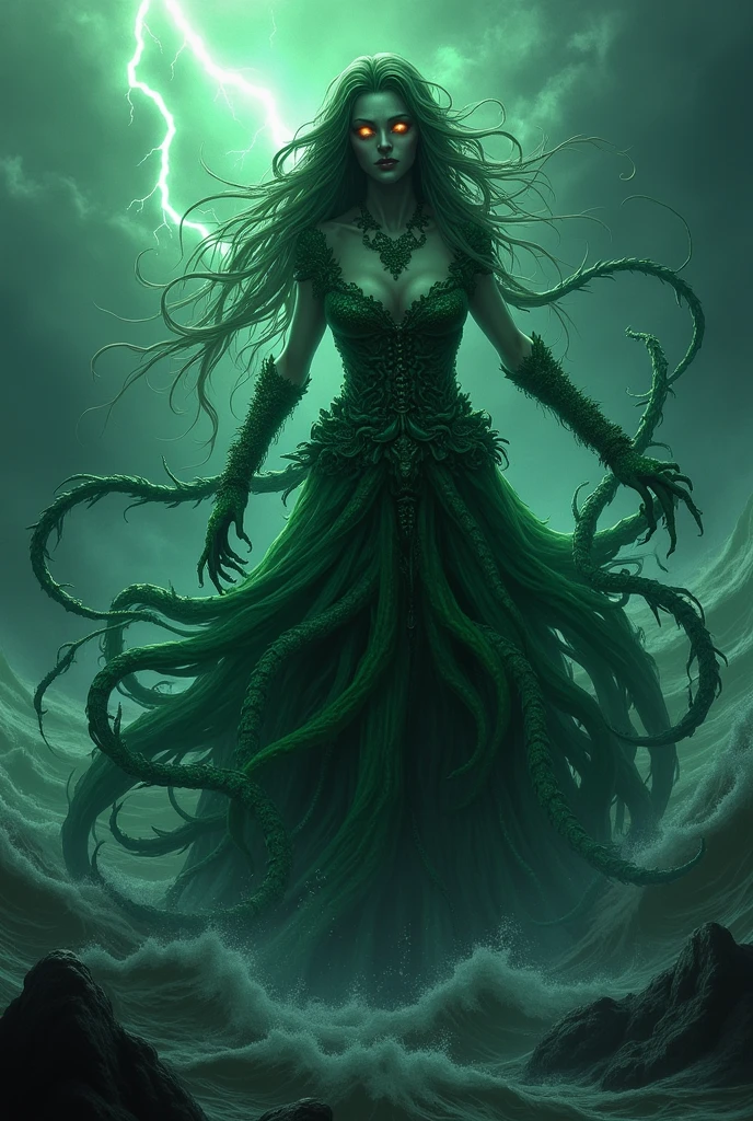 a picture of a sea witch, long green hair, evil, villain, she is coming to you, up close, dark ocean,( underwater:1.1), lightning, bright eyes, wearing a dress made of algae, tentacles, octopus, (up close:1.3)