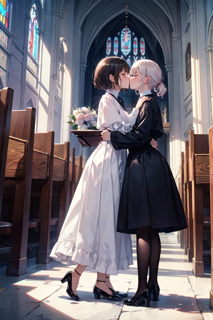 (masterpiece), 4K,{{{2 women}}}, Sister,Lesbian，shoes，,Random Hairstyles,kiss,((Lesbian kiss )),Shooting from afar,church