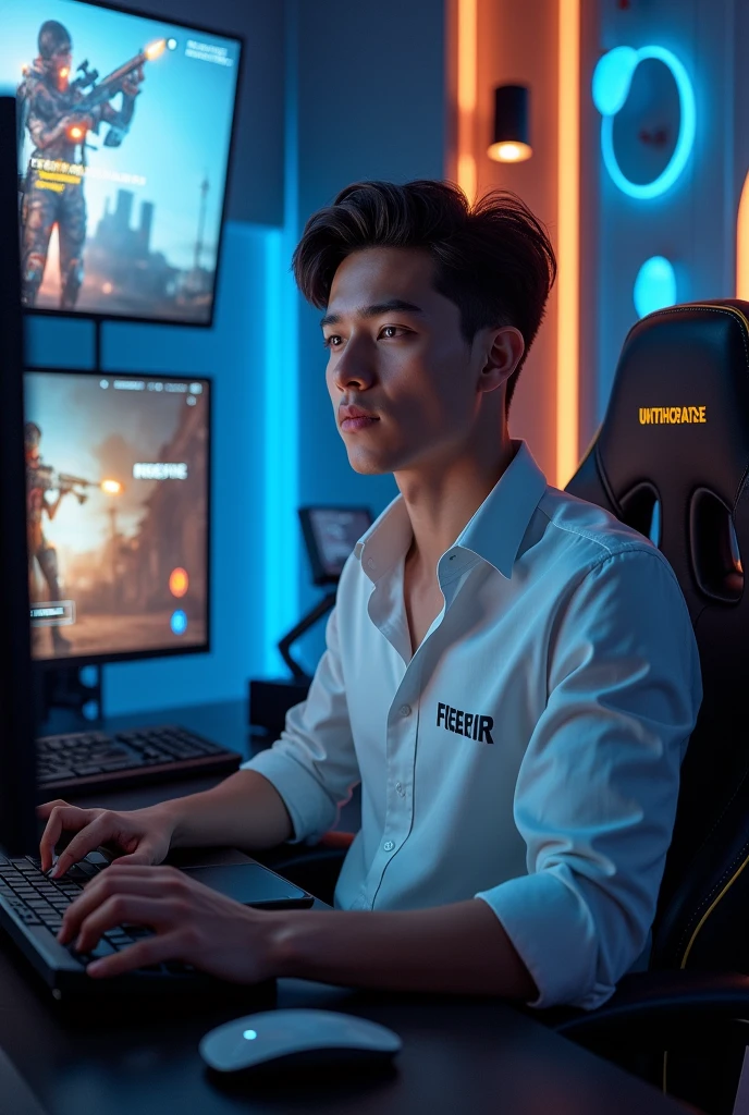 créer une image réaliste, un beau garçon de 18 ans, portant des vêtements élégants, assis sur une chaise de jeu, jouant au jeu Freefire sur PC dans un centre de jeu de luxe, le nom « RAOUL » écrit sur la chemise, toute la pièce est décorée comme un amateur de jeux Freefire. Images holographiques