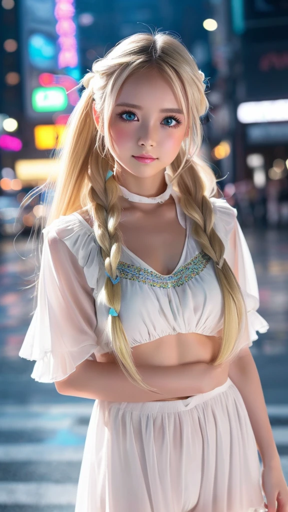 ((Highest quality)), ((masterpiece)), (detailed), high ponytail long hair, ((Blonde hair)), Beautiful girl, Very Cute Eyes, Green eyes, False eyelashes, (((Watery eye))), (Blushed:1.3), Glossy thick lips, 10 piercings, shiny white skin, (hippie clothes:1.3), ((bulge)), outside, raining, crowded city, fog, evening, neon sign,