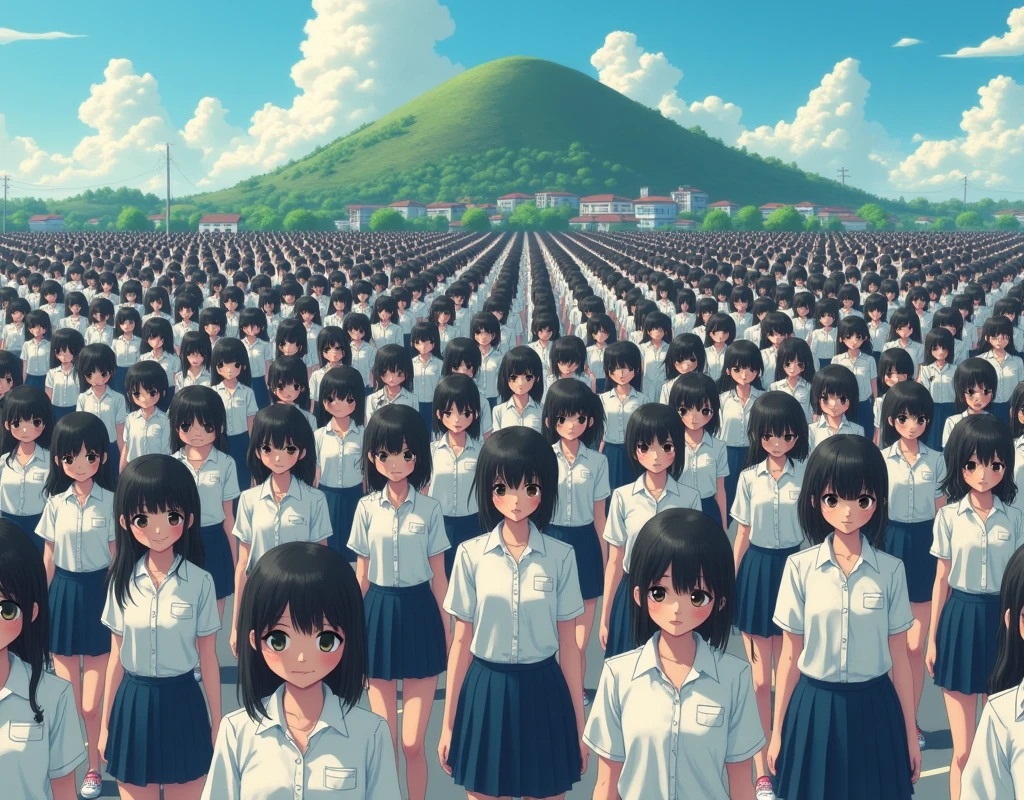 (((((Japanese Clone-girls=Myself))))), (((Super Best masterpiece Clone-girls Raw Photography Art))), (((16K, Highest quality, Ultra-high resolution, RAW Photos))), (((It's so unrealistic., With unparalleled depiction, With an unfathomable sight, An unprecedented and shocking worldview, Clone-girls: In a world of mass reproduction, Ultra-realistic))), (((Japanese Girls, Saito-Asuka, 26yo, Small face, Thick black hair, Semi-long hair, Dark Eyes, Mature face, Cute Smile, Smiling face, A gentle gaze, (((Very happy laughter)))))), (((Very beautiful detailed girls, Accurate body structure, Accurate body movements, Very detailed body, (((Super big breasts, Large bulge of ample breasts)))))), (((Summer office casual wear, White short-sleeved shirt, I can see the cleavage, Emphasise the fullness of your breasts, Dark blue mini skirt))), ((((((((Very detailed, Myself cloning, Depiction of splitting oneself, 1Myself girl→1,000,000,000,000,000,000,000,000,000,000Myself cloning girls)))))))), (((((((Myself clone-girlsから, Myself keeps multiplying, (Very detailed and intricate, To the exact, Flawless, (((In the same female body,With the same face, With the same hairstyle, In the same clothes, At the same height, 同じSuper big breastsである))), In a detailed depiction), 1,000,000,000,000,000,000,000,000,000,000 people))))))), (((((Myself girls only))))), (((((1,000,000,000,000,000,000,000,000,000,000Myself girls))))), (((Very detailed, Extremely crowded, Body-to-body contact with no gaps))), (Bright and soft lighting), (((((Clear and accurate perspective depiction, super wide view, Ultra-wide field of view, Focus on the average value of the image))))), (((((Very detailed depiction, Multiple or more Myselves, Physical contact, Pleasant conversation, Holding hands, Hug, walk))))), At an intersection where a big hill in the suburbs can be seen, Join multiple groups of Myself crowds together, Myself clone-girls' clone proliferation continues々And so it continues, filling the horizon
