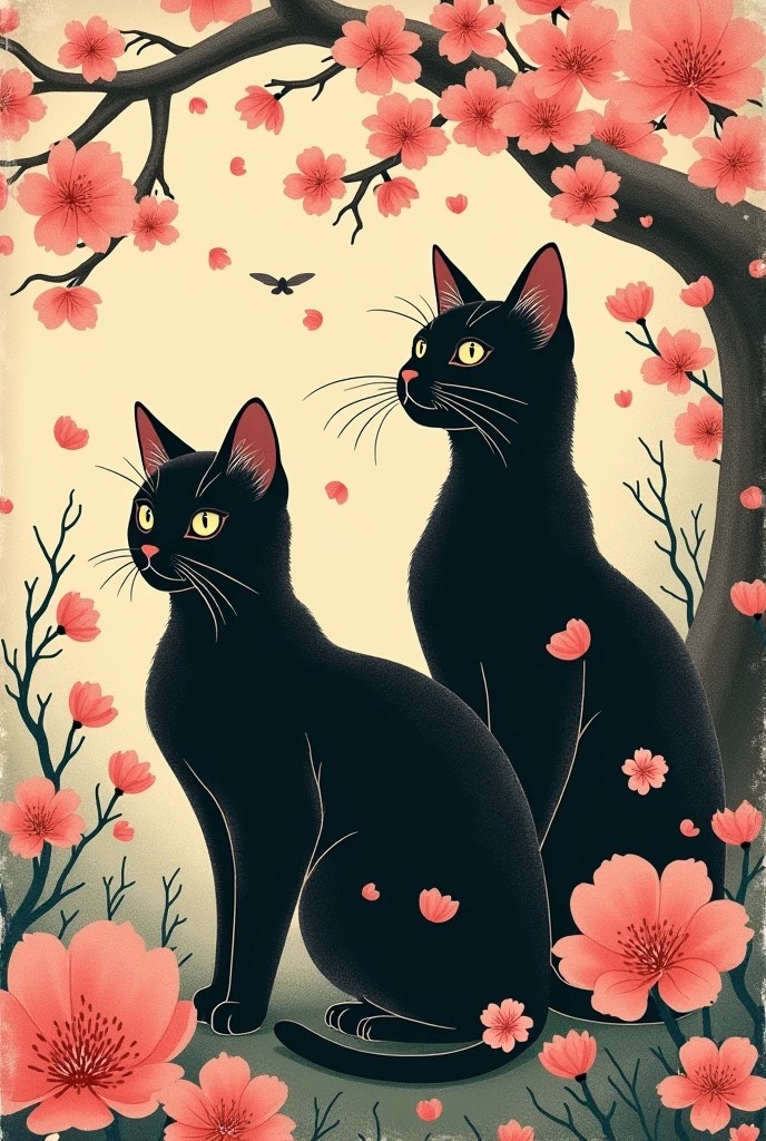 Retro Japanese black cats sakuras poster