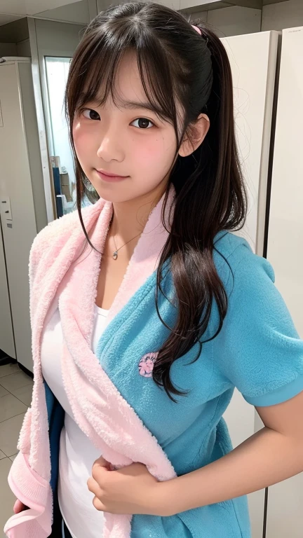 Image of a sweaty female high school student in uniform with a fluffy pink floral pattern face towel around her neck