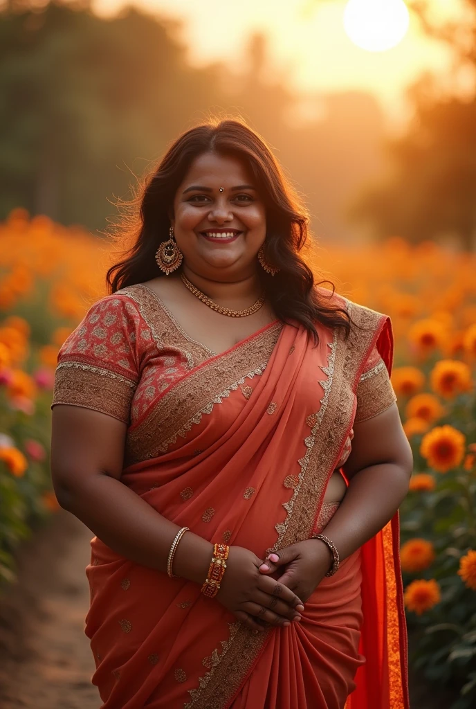 a very short and chubby curvy smiling Indian girl with huge saggy mature breasts wearing trendy gorgeous intricate traditional saree and embroidered lacey blouse without bra at a flower garden during golden hour, warm backlit dreamlike atmosphere, soft cinematic focus, anamorphic lens flares, masterpiece, by Zack Snyder,