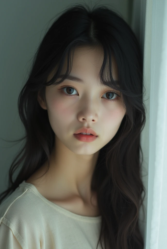 Asian girl looking straight to the camera bored