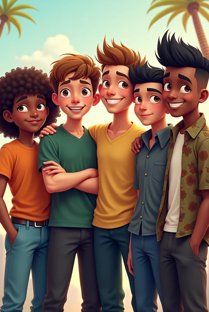 A group of six friends is posed for a photo, standing side by side, each with unique and distinct characteristics.Pablo: A young man of small stature, around 5'4" (162 cm), with shoulder-length curly hair that has a voluminous, natural bounce. His hair color is a light chestnut brown, and his fair skin has a slightly rosy undertone. Pablo has a defined jawline, giving his face a sharp, angular appearance. He is wearing a casual outfit, perhaps a fitted T-shirt and jeans, which complements his youthful and vibrant look.Camilo: Standing at a medium height of about 5'7" (170 cm), Camilo has a military-style Buzz cut, with his hair closely cropped to his scalp. His skin is fair, with a neutral undertone, and he has expressive brown eyes that stand out against his clean-cut appearance. Camilo’s facial features are strong and symmetrical, and he might be wearing a simple, understated outfit like a polo shirt and chinos.Juan Felipe: This young man is notable for his very frizzy, curly black hair, styled in a mullet that contrasts sharply with his fair skin. His hair is dense and textured, adding volume to his overall look. Juan Felipe’s black eyes are deep-set, giving him an intense and thoughtful expression. He could be dressed in a trendy outfit that matches his bold hairstyle, perhaps a patterned shirt and jeans.Javier: Of average height, around 5'8" (173 cm), Javier has black hair styled in a taper fade. The sides are short and gradually blend into the slightly longer, curly hair on top. His hair has a subtle wave, giving it a natural texture. Javier’s elongated eyes and fair skin give him a distinctive and striking look. He might be dressed in a smart-casual outfit, like a button-up shirt and dark pants, highlighting his polished style.Osman: Osman stands at a medium height of about 5'7" (170 cm) with slightly darker skin, a warm, rich brown tone. His Mohawk hairstyle is edgy, with very straight black hair that is longer in the center and shaved on the sides. Osman’s