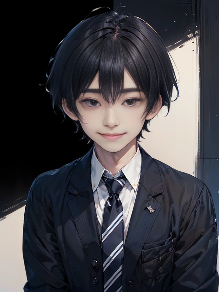 Masterpiece,best quality,独奏, 1 Japanese boy, 20 years old,(tall and thin,sleepy droopy eyes, long face, (thin cheeks:1.2),(black shaggy short hair:1.4),(Black tailored jacket, white shirt, navy blue striped tie, black slacks:1.3),(A shy smile:1.3),(Plain background:1.5),Upper body close-up