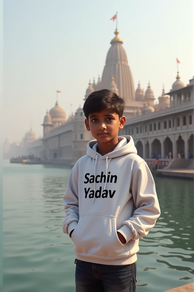 A boy standing on bank of Ganga river in Banaras behind it beautiful temple the boy wearing a white hoodie writen with sachin yadav 