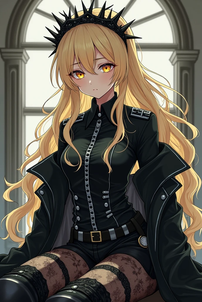 Make a manga style image of a girl who looks mysterious and tired, It will be a girl with light blonde hair, long and slightly wavy, that has a black crown of thorns on his head, His eyes are yellow, He has a shirt similar to the one a real soldier would wear (black color and white details) On this one he has an antique watch on the lower left side of his shirt, Also, he should wear a black jacket that is integrated with his shirt., She will have black tights with floral lace and high black boots.