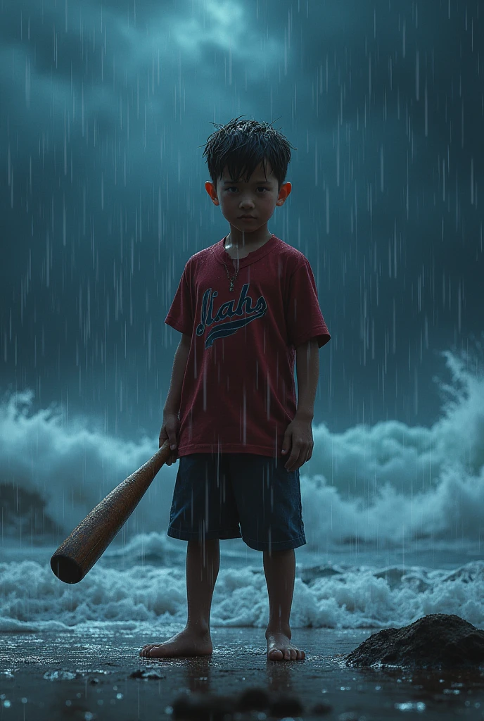 Boy with a bat neer sea with raniy weather on night with red and blue light