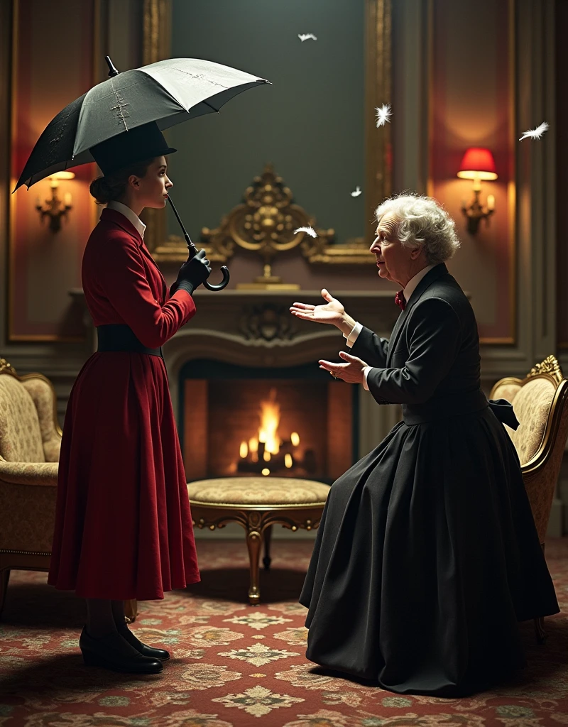 Satire and Surreal Picture of Mary Poppins and Mrs. Doubtfire debate at the client Living room about Day Care, professional cinematic photography by Annie Leibovitz and Tim Burton aesthetic