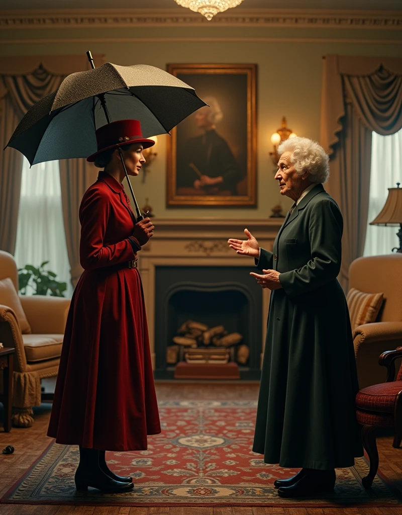 Satire and Surreal Picture of Mary Poppins and Mrs. Doubtfire debate at the client Living room about Day Care, professional cinematic photography by Annie Leibovitz and Tim Burton aesthetic