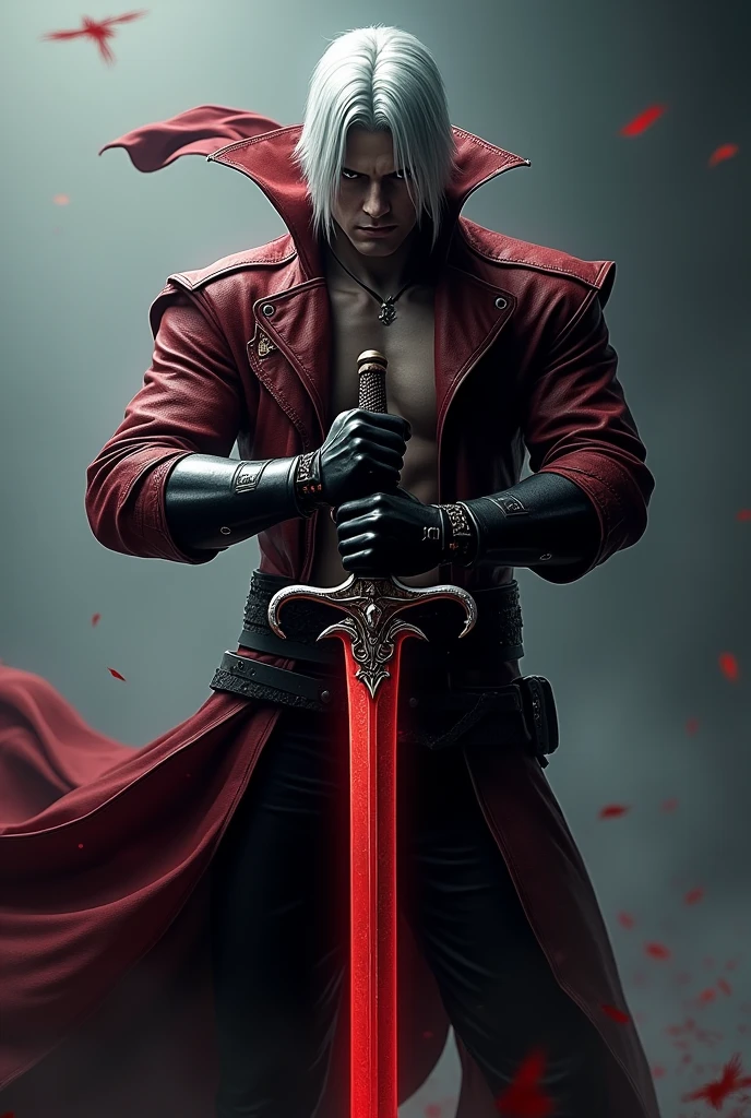 Re imagine dante from devil may cry. Generate a picture of dante holding a sword. Leave a bit space on the top of picture so that it could perfectly fit Google pixel 6 pro back as skin