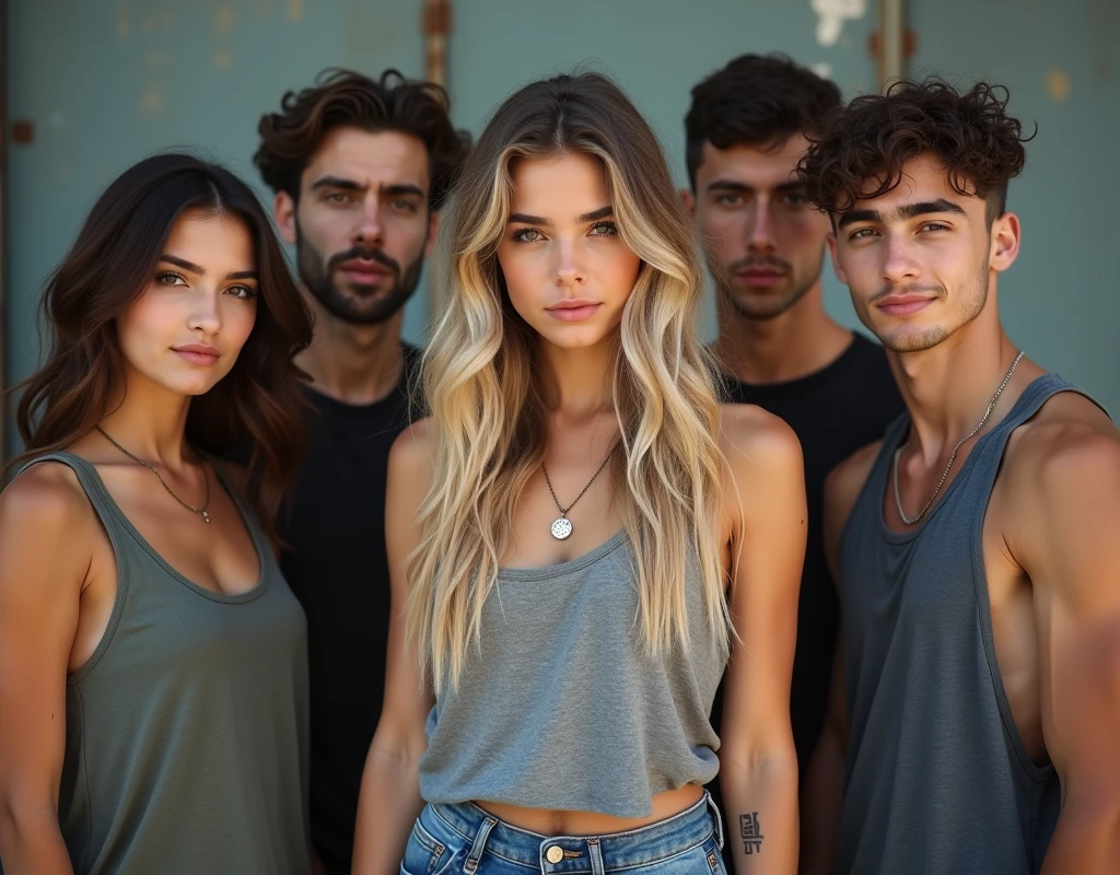 Photo of a age girl in skater fashion and her male and female friends. Everyone is wearing a tank top. It's a cool and stylish image.