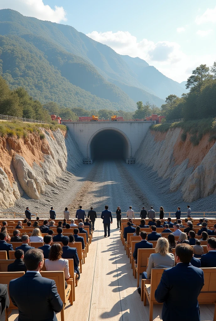 A platform with 40 chairs for Chilean authorities The platform, 200 m away, focuses on the entrance to a road tunnel under construction .