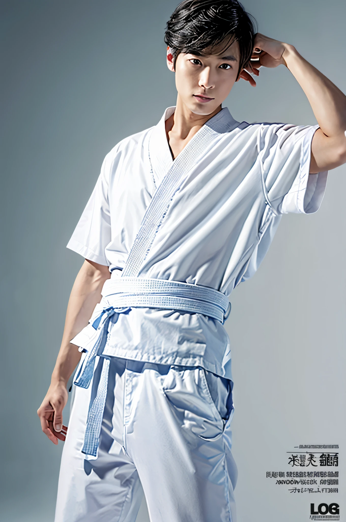 photograph, good looking, Full-body poster of a man with an attractive, calm expression、8k resolution, short hair, logic, Long legs, logicの足,, barefoot, 詳細なlogicの体格, (masterpiece, Highest quality, Highest quality), Raise your fist, Spread your arms wide, Large and dynamic movements, photographのようにリアルな描写,20-year-old, Tight waist, White karate uniform, Karate Belt, White karate pants, Accurate depiction of details, Perfect skeleton, Look straight at your audience, Sharp eyes