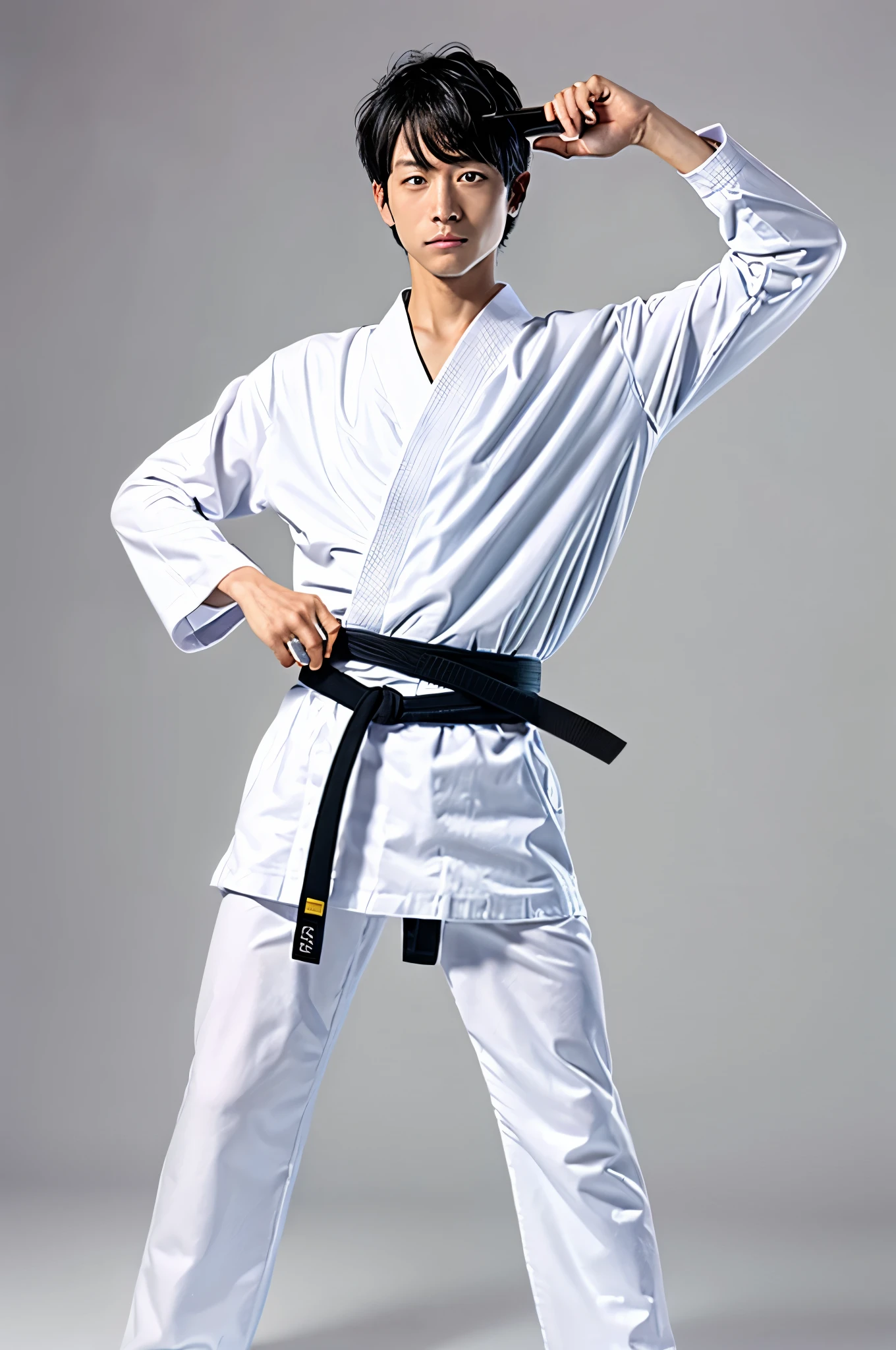photograph, good looking, Full-body poster of a man with an attractive, calm expression、8k resolution, short hair, logic, Long legs, logicの足,, barefoot, 詳細なlogicの体格, (masterpiece, Highest quality, Highest quality), Raise your fist, Spread your arms wide, Large and dynamic movements, photographのようにリアルな描写,20-year-old, Tight waist, White karate uniform, Karate Belt, White karate pants, Accurate depiction of details, Perfect skeleton, Look straight at your audience, Sharp eyes