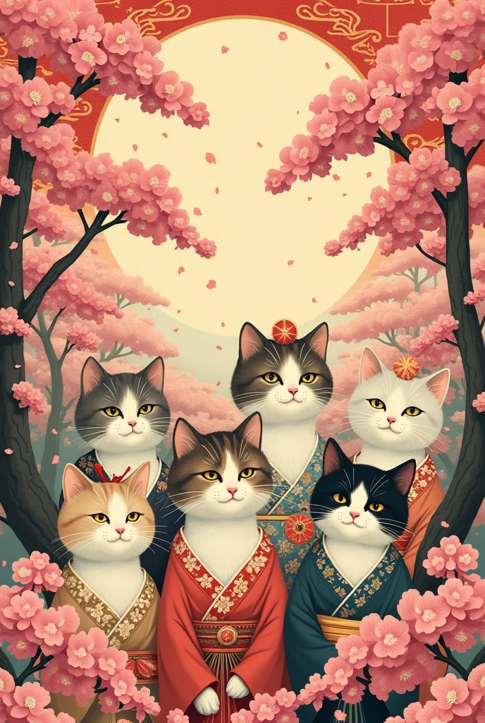 Retro Japanese cats sakuras poster