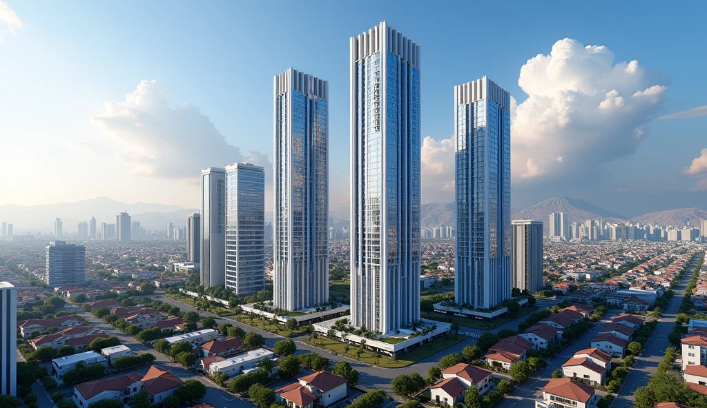 "It generates an aerial view image of an avenue in the city of Arequipa. In the foreground it shows skyscrapers standing out among simpler houses. Of those skyscrapers: - 2 must be residential, white with blue stripes. - 3 must be offices with reflective facades. - 3 must be hotel and commercial, with an elegant and striking design. The buildings have separation between them. "The buildings should be the main focus of the image, while the surroundings should be less prominent."