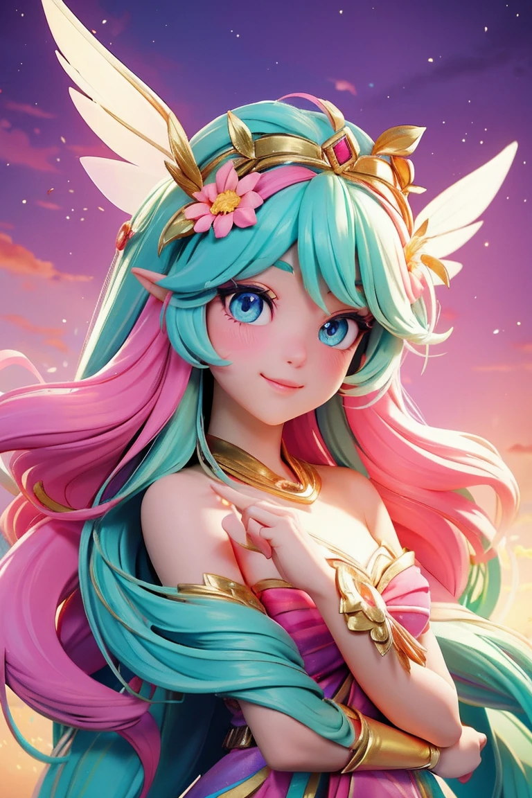 an animated character. a cute face girl, colorful eyes, pastel color, colourful bright long hair, gorgeous flower crown, gorgeous decorated, gorgeous fairy wings, haft body, mythology , Asian style, flowers vines, fantsy sky, shining star, Happy face feeling, fantasy town background, sunset mood and tone.