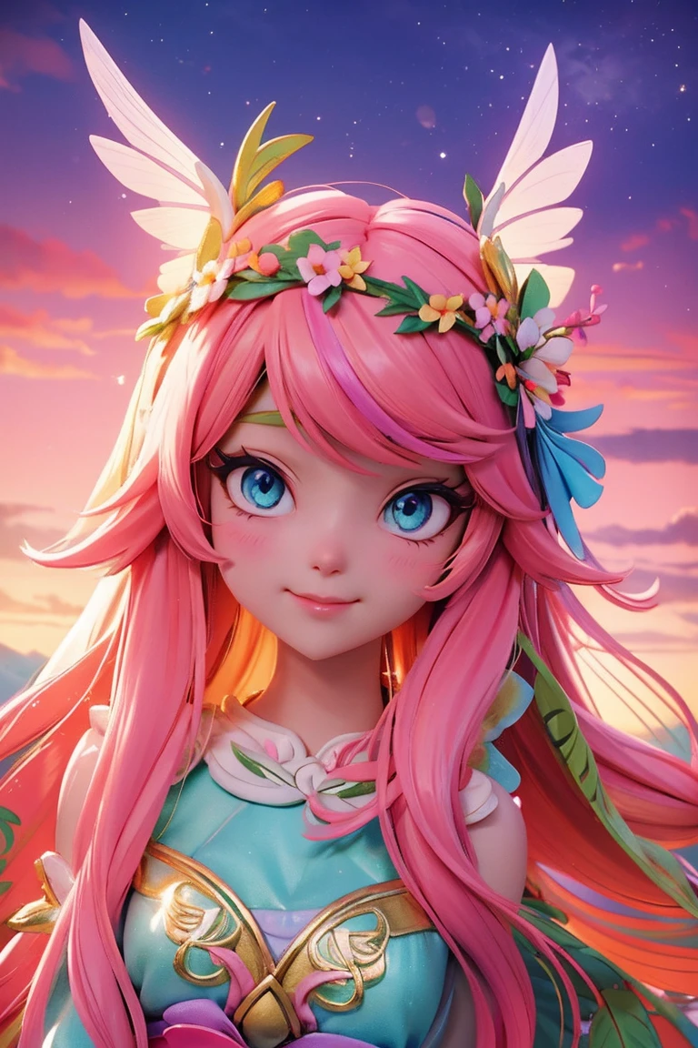 an animated character. a cute face girl, colorful eyes, pastel color, colourful bright long hair, gorgeous flower crown, gorgeous decorated, gorgeous fairy wings, haft body, mythology , Asian style, flowers vines, fantsy sky, shining star, Happy face feeling, fantasy town background, sunset mood and tone.